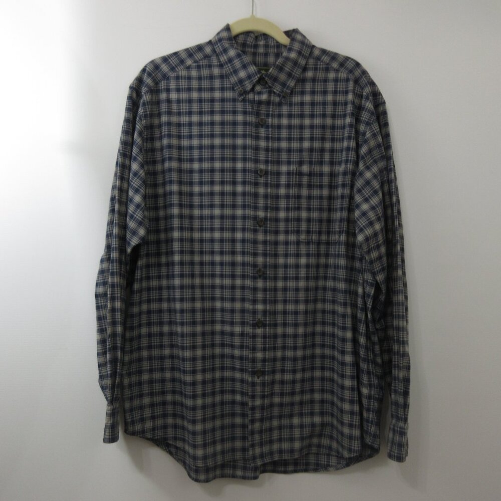 Eddie Bauer Men's Lg Shirt Long Sleeve Button Blue Tan Plaid 100% Cotton Western